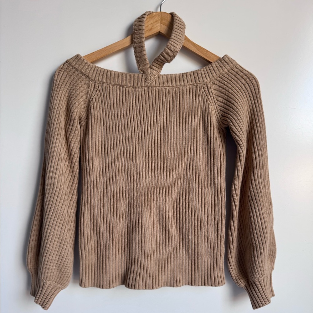Lovers + Friends Women Small Sweater Knit‎ Boatneck Tan Camel Puff Sleeve Halter
